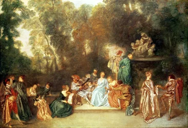 Fete galante med gitarist og en skulptur av putti som spiller med en vær, ca. 1717-19